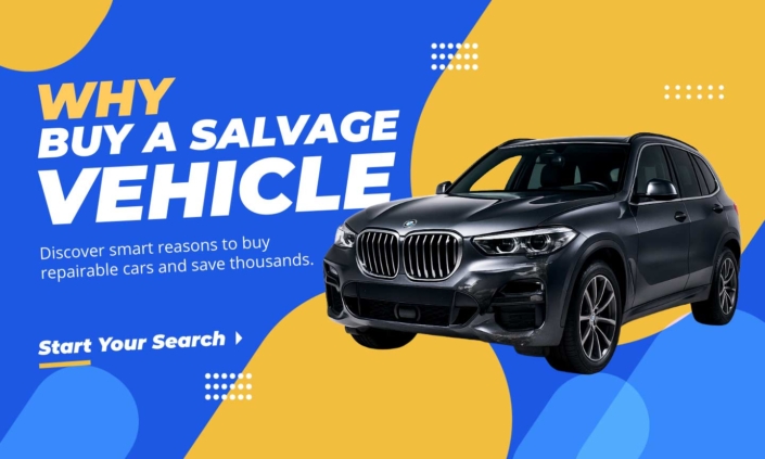 Banner reading “Why Buy a Salvage Vehicle?” with a tagline “Discover smart reasons to buy repairable cars and save thousands,” featuring a clean studio image of a luxury SUV with subtle bumper damage on a white background.