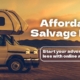 Affordable salvage RVs for sale with a tagline inviting users to start their adventure for less