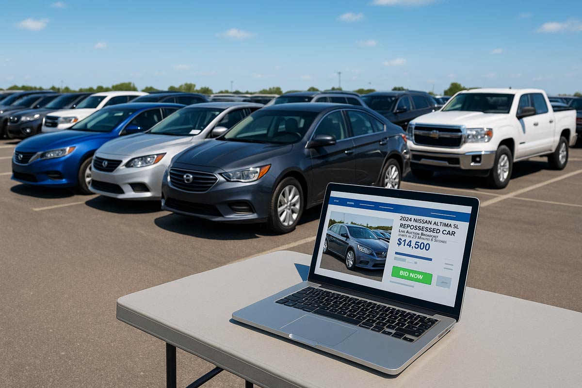 Wide-angle shot of repossessed cars lined up at an auction lot with a laptop in the foreground displaying an online bidding screen under bright daylight.