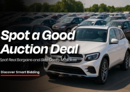 Banner titled “Spot a Good Auction Deal” with the tagline “Spot real bargains and skip costly mistakes” featuring two luxury SUVs at an outdoor car auction.
