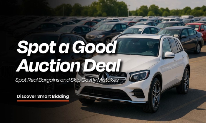 Banner titled “Spot a Good Auction Deal” with the tagline “Spot real bargains and skip costly mistakes” featuring two luxury SUVs at an outdoor car auction.
