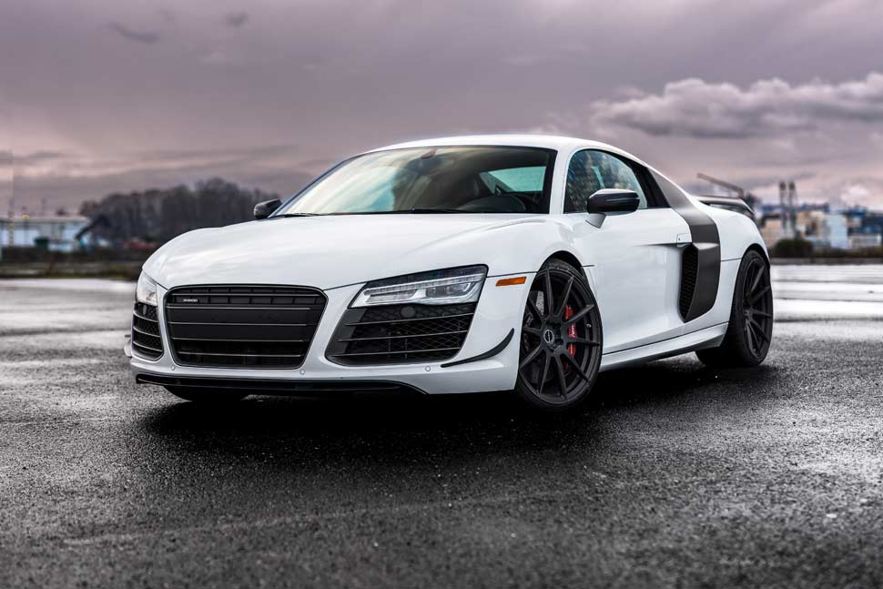 2024 White Audi R8 parked, showcasing its sleek design and high-performance engineering.