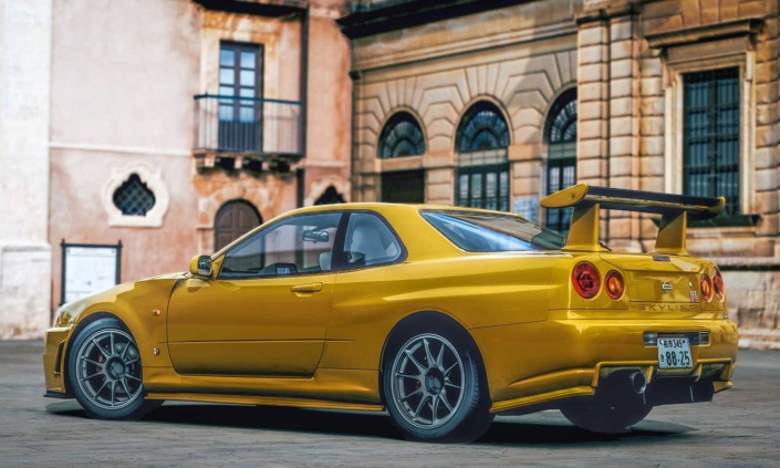 Stunning Gold-Colored Nissan Skyline, a classic vintage vehicle, beautifully restored and showcased