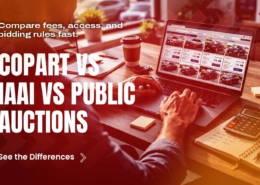 Copart vs IAAI vs Public Auctions banner comparing fees, access, and bidding rules