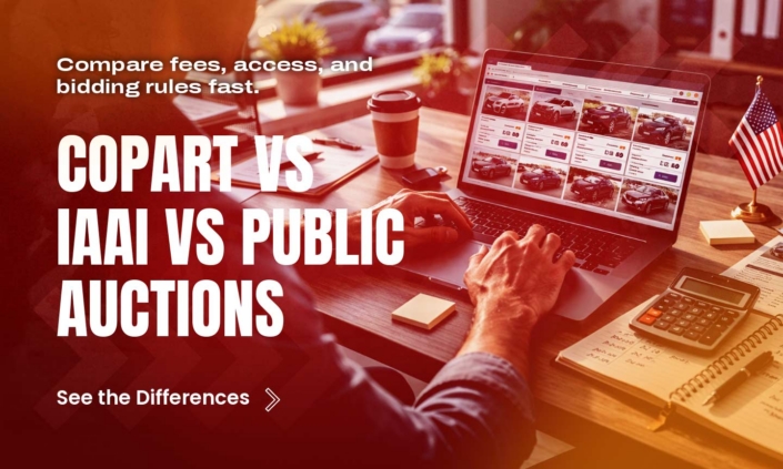 Copart vs IAAI vs Public Auctions banner comparing fees, access, and bidding rules
