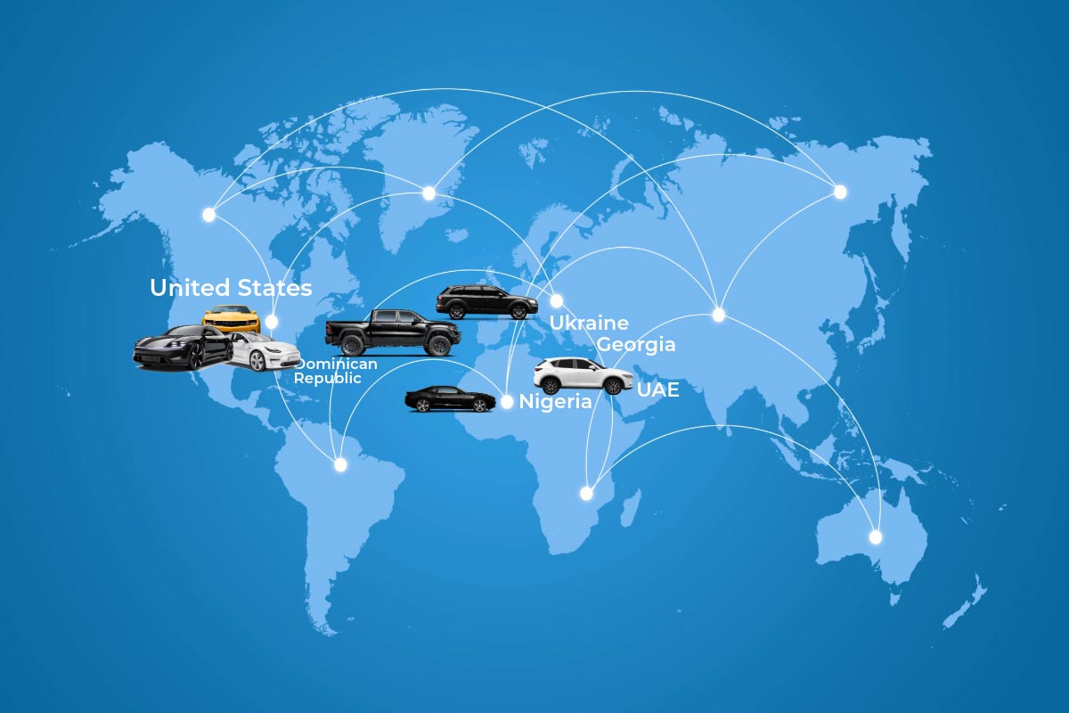 World map showing export routes of used cars from the U.S. to Nigeria, UAE, Ukraine, Georgia, and the Dominican Republic with vehicle and cargo ship icons.