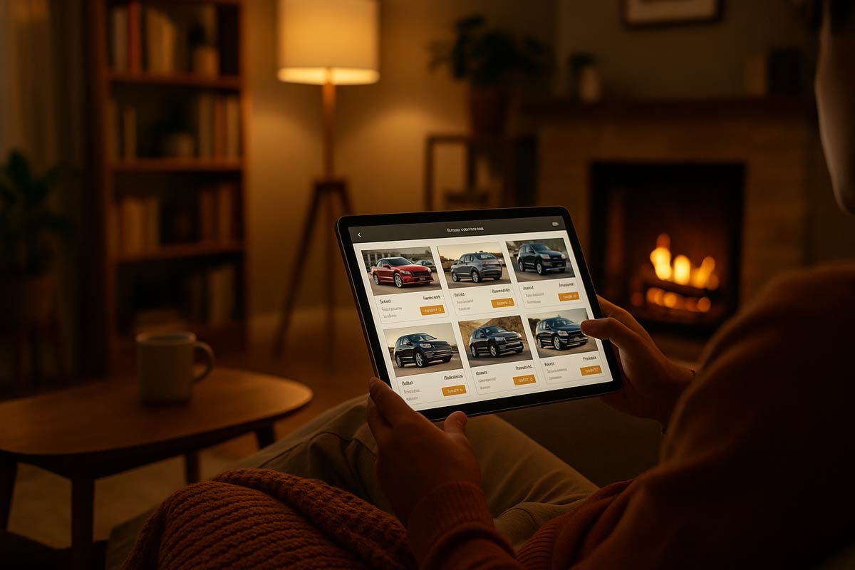 Person sitting on a beige sofa under warm ambient lighting, using a tablet to browse online car auction listings in a cozy living room with a lit fireplace.