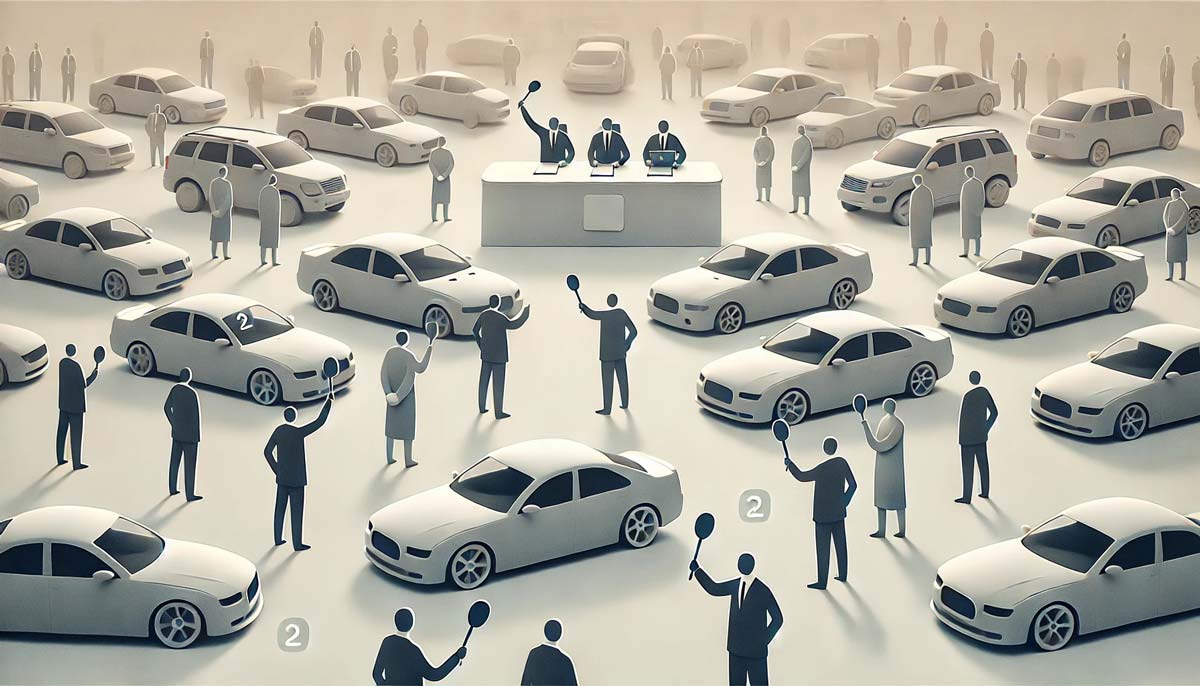 A minimalist illustration of a salvage car auction scene, featuring abstract car shapes and simplified human figures. The auctioneer stands in front of cars, while bidders raise paddles in a clean, open setting with soft neutral tones