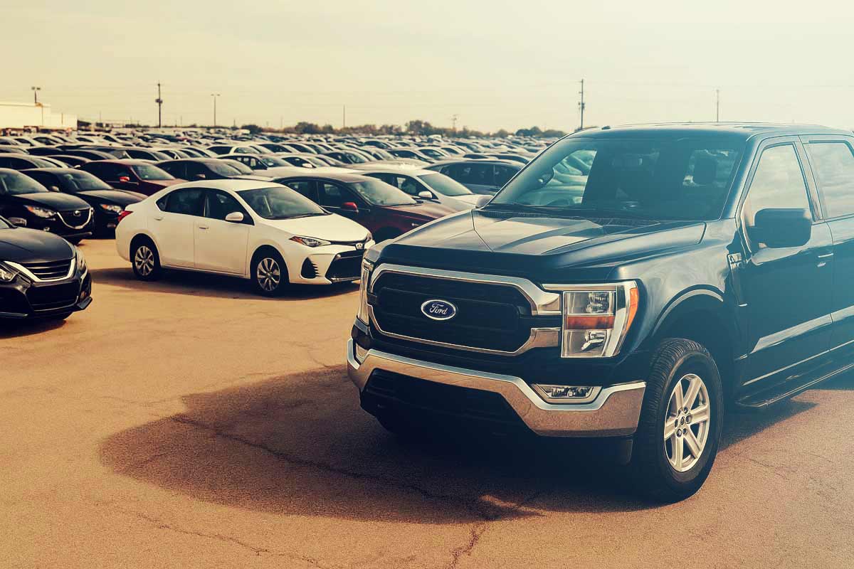 Wide view of an auto auction lot with parked cars and a blue pickup truck in the foreground.