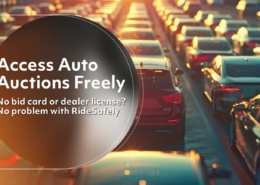 Dynamic auto auction scene with diverse participants inspecting and bidding on cars, motorcycles, and trucks in a warehouse setting, representing RideSafely's no bid card or dealer license auctions