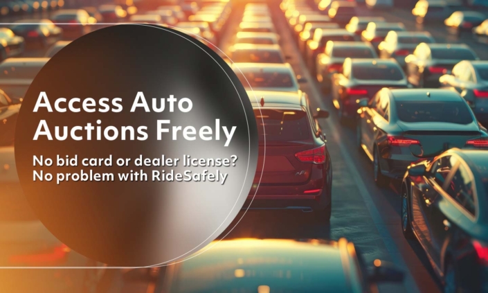 Dynamic auto auction scene with diverse participants inspecting and bidding on cars, motorcycles, and trucks in a warehouse setting, representing RideSafely's no bid card or dealer license auctions