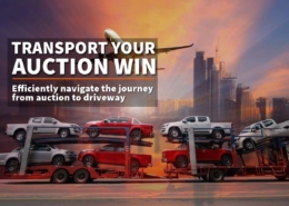 Web banner showcasing a trailer transporting salvage cars from an auction house, titled 'Transport Your Auction Win' with the subtitle 'Efficiently navigate the journey from auction to driveway