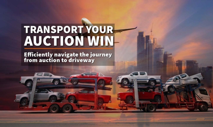 Web banner showcasing a trailer transporting salvage cars from an auction house, titled 'Transport Your Auction Win' with the subtitle 'Efficiently navigate the journey from auction to driveway