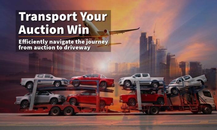 Web banner showcasing a trailer transporting salvage cars from an auction house, titled 'Transport Your Auction Win' with the subtitle 'Efficiently navigate the journey from auction to driveway