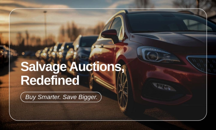 Banner showing the message "Salvage Auctions, Redefined" with a tagline "Buy Smarter. Save Bigger," highlighting a new, smarter way to buy salvage vehicles.