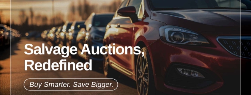 Banner showing the message "Salvage Auctions, Redefined" with a tagline "Buy Smarter. Save Bigger," highlighting a new, smarter way to buy salvage vehicles.
