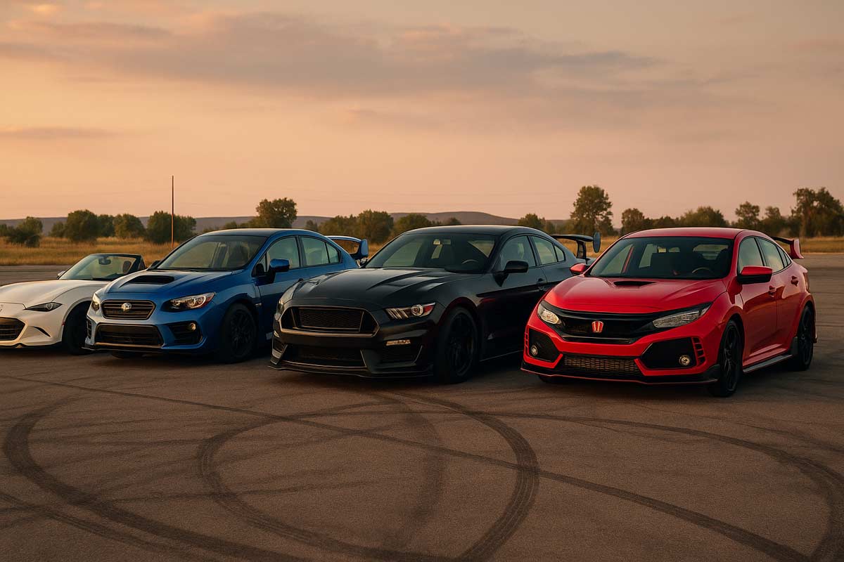 Modified sports cars including a Mazda Miata, Subaru WRX, Ford Mustang, and Honda Civic Type R parked on an open asphalt lot at sunset.