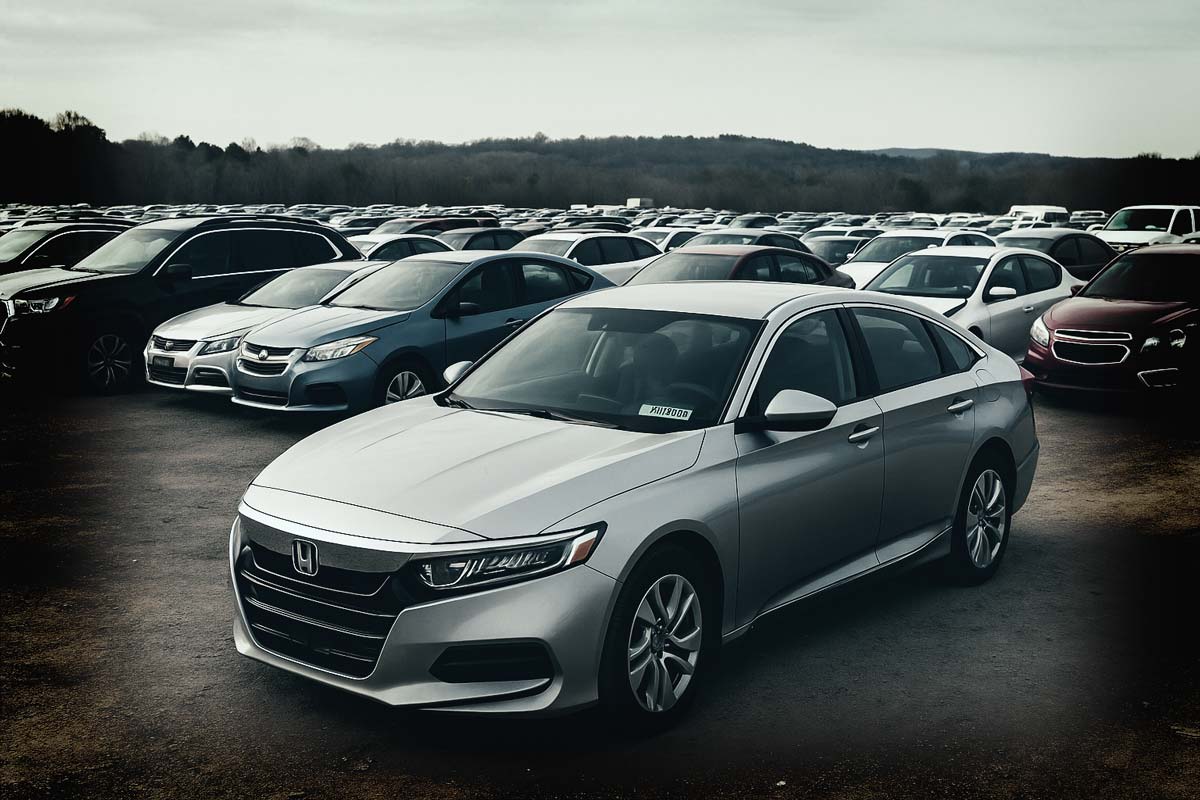 Wide view of a car auction lot with rows of used vehicles including a silver Honda Accord in the foreground, under a cloudy sky.