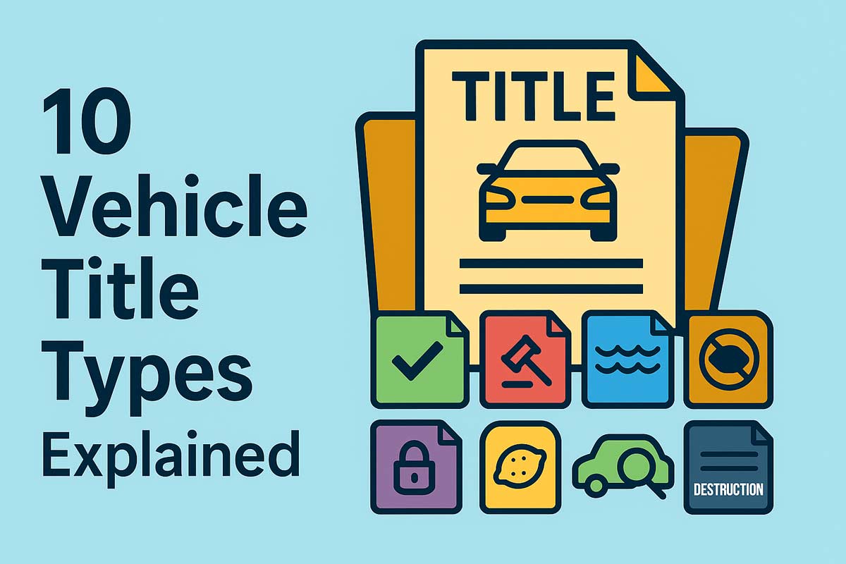 Illustration showing "10 Vehicle Title Types Explained" with document icons for salvage, flood, lemon, and destruction titles beside a vehicle title folder.