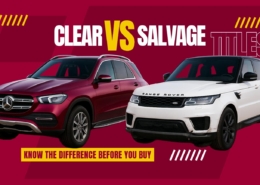 Clear vs. Salvage Titles – Key Differences Buyers Should Know | RideSafely Banner with text 'Clear vs. Salvage Titles – Know the difference before you buy' over a background showing two cars, one clean and one damaged.