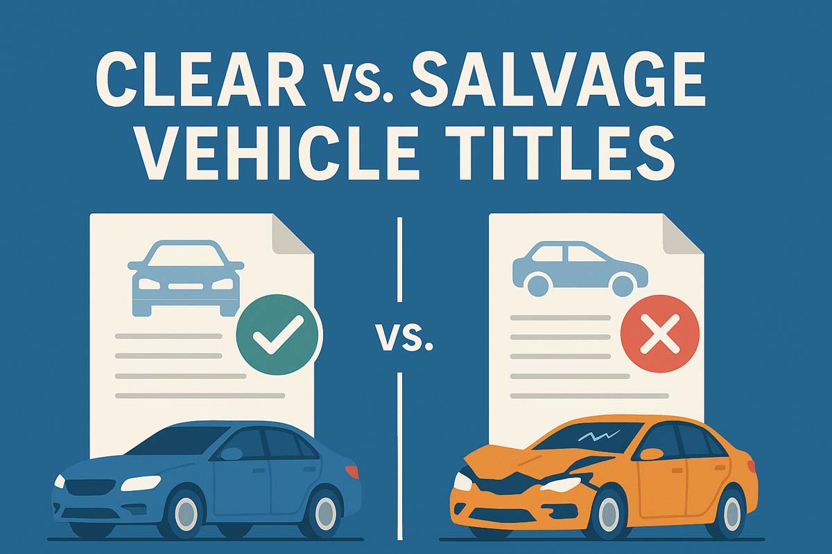 Illustration comparing clear and salvage vehicle titles with a blue car and green checkmark on the left, and a damaged orange car with red X on the right.