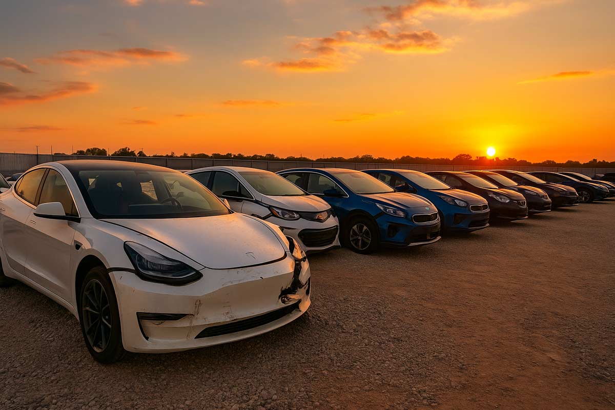 A lineup of damaged electric vehicles, including a Tesla Model 3 and Chevrolet Bolt, parked in a salvage yard during a vivid summer sunset.
