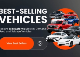 Top-Selling Used and Salvage Vehicles on RideSafely Online Car Auctions | RideSafely Banner showing "Best-Selling Vehicles" with a subtitle "Explore RideSafely's Most In-Demand Used and Salvage Vehicles"