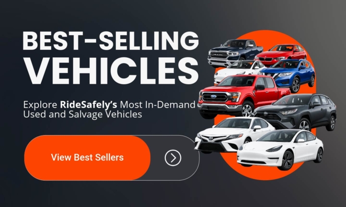 Banner showing "Best-Selling Vehicles" with a subtitle "Explore RideSafely's Most In-Demand Used and Salvage Vehicles"