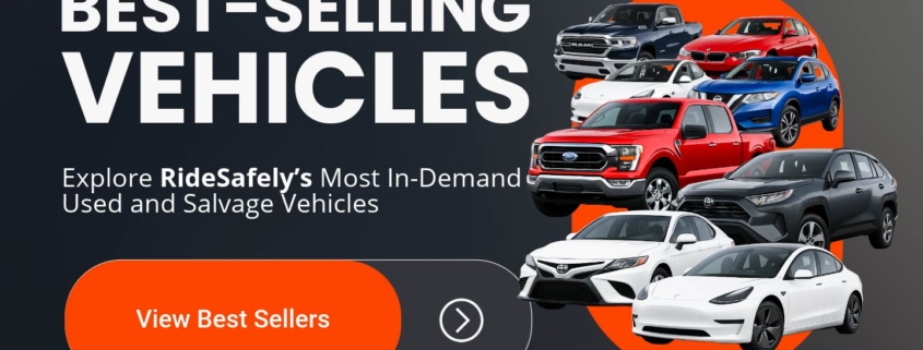 Banner showing "Best-Selling Vehicles" with a subtitle "Explore RideSafely's Most In-Demand Used and Salvage Vehicles"