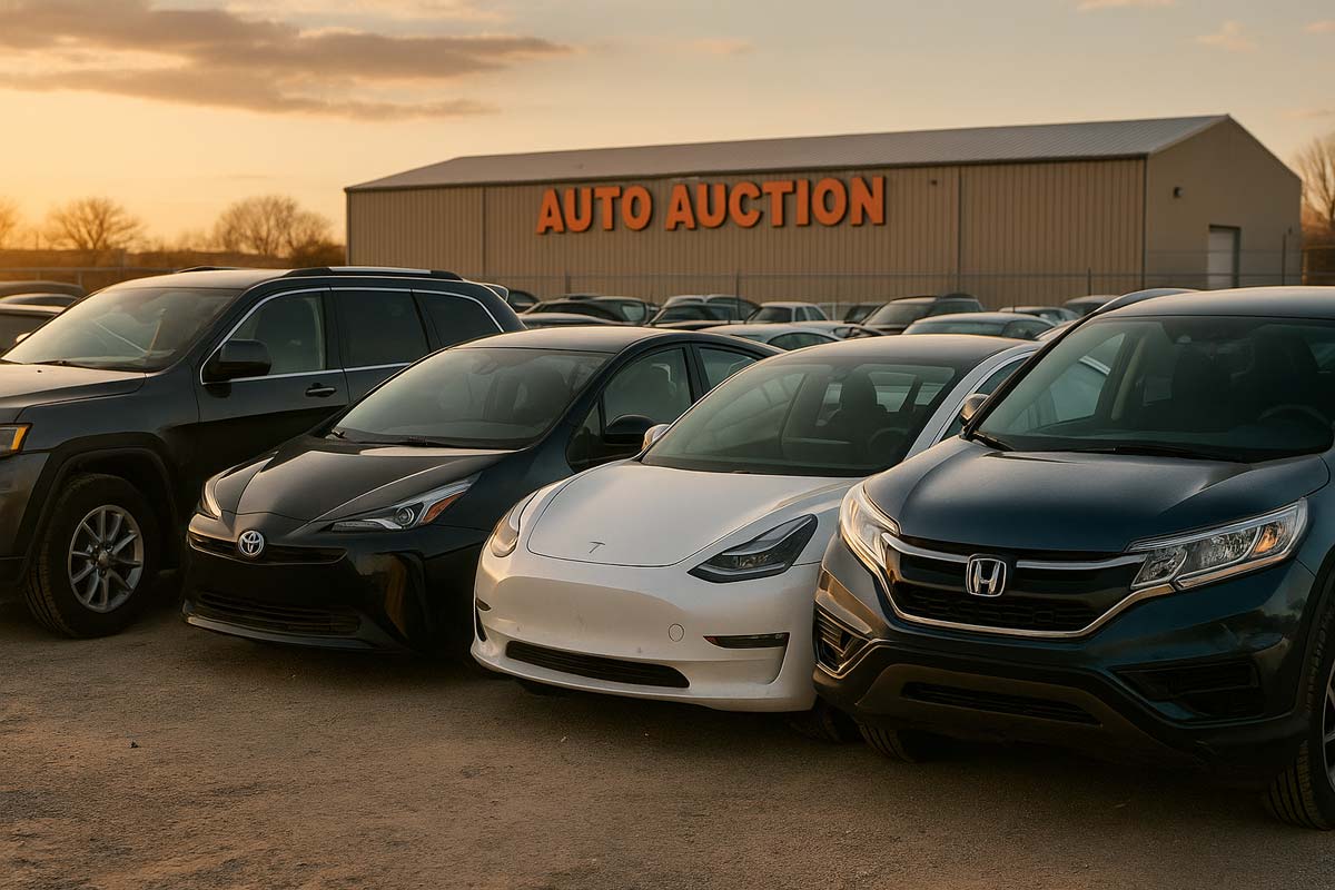 Lineup of used and slightly damaged vehicles including a Jeep Grand Cherokee, Toyota Prius, Tesla Model 3, and Honda CR-V at an auto auction lot during golden hour