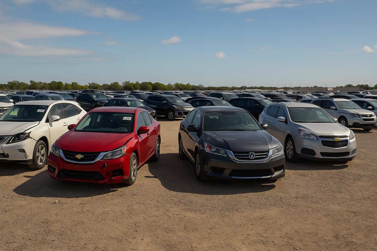 Wide-angle view of a salvage car auction lot with damaged sedans, SUVs, and trucks lined up in rows under clear skies.