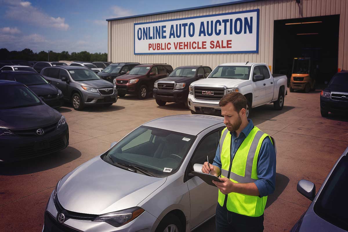 Auction staff inspecting salvage and used cars at an online auto auction lot for buyers and car flippers.