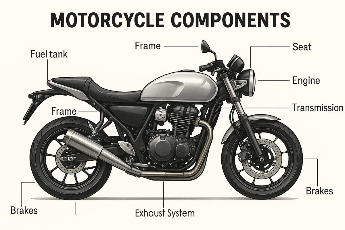 Motorcycle Components – Detailed infographic showing a side view of a motorcycle with labeled parts including engine, exhaust, wheels, suspension, frame, brakes, fuel tank, and transmission.