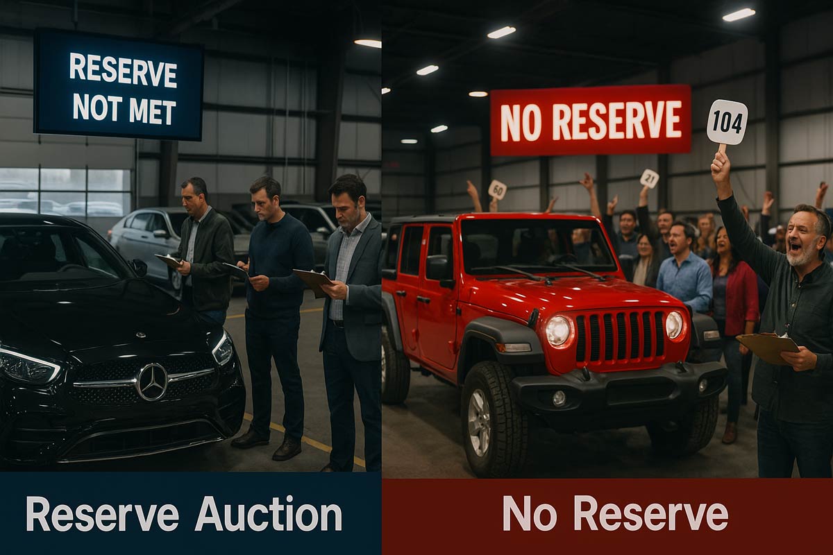 Side-by-side view of a reserve vs no-reserve car auction. On the left, bidders evaluate a black Mercedes-Benz under a "Reserve Not Met" sign. On the right, a red Jeep Wrangler is being auctioned with enthusiastic bidders under a "No Reserve" sign.