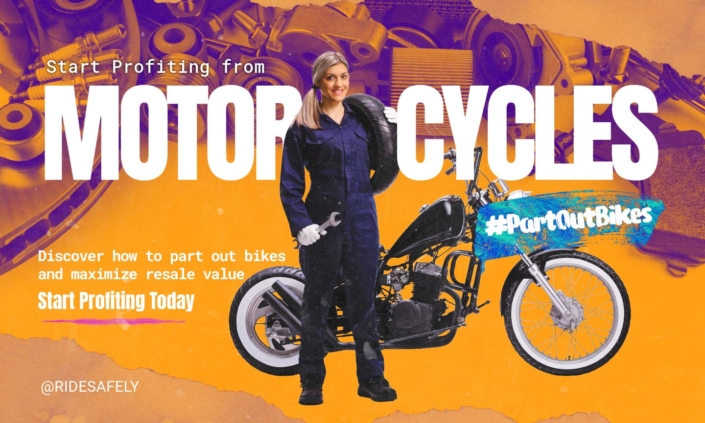 Website banner reading: Start Profiting from Motorcycles – Discover how to part out bikes and maximize resale value with a bold CTA button.