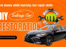 DIY Salvage Car Restoration banner with text Save money while learning real repair skills and a button that says Start Restoring.