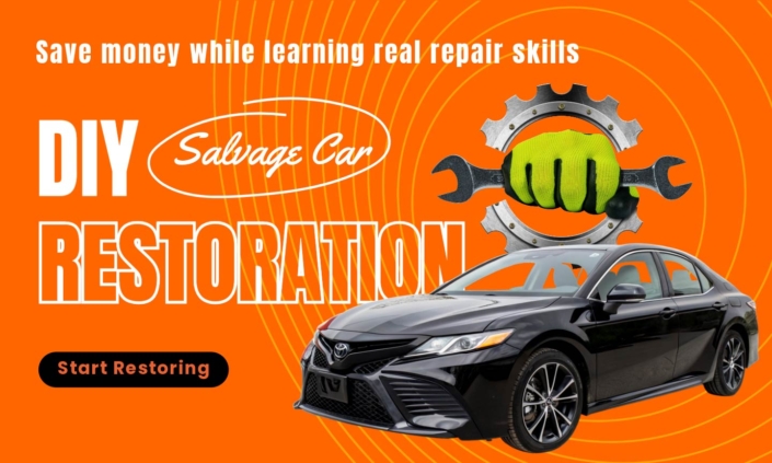 DIY Salvage Car Restoration banner with text Save money while learning real repair skills and a button that says Start Restoring.