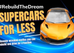 Banner reading "Own a Supercar for Less – Discover wrecked exotics you can rebuild and drive for a fraction"