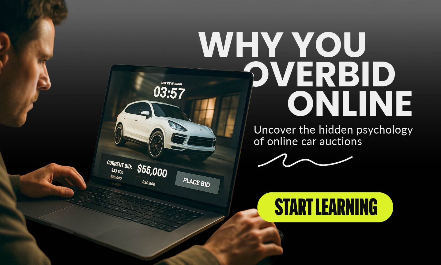 Why You Overbid Online — Learn How to Bid Smarter in Car Auctions | RideSafely A focused bidder participates in an online car auction on a laptop, symbolizing the theme “Why You Overbid Online.” The image visually represents the psychology of bidding and learning how to bid smarter.