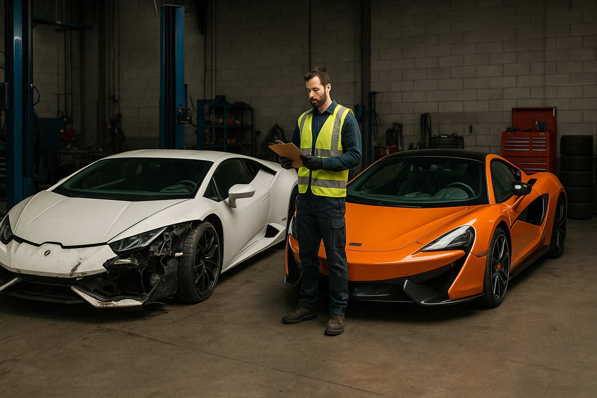 Wrecked Lamborghini next to fully restored McLaren in a professional auto garage showing the transformation process
