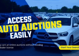 Banner with the text “Access Auto Auctions Easily” promoting how buyers can purchase cars at online auto auctions without needing a dealer license, displayed in a clean, modern layout.