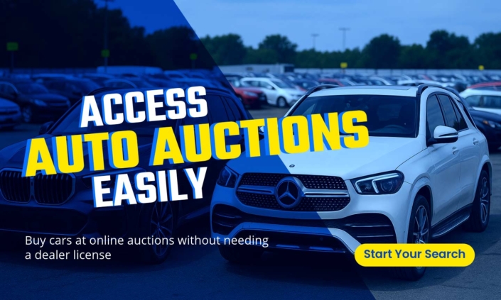 Banner with the text “Access Auto Auctions Easily” promoting how buyers can purchase cars at online auto auctions without needing a dealer license, displayed in a clean, modern layout.