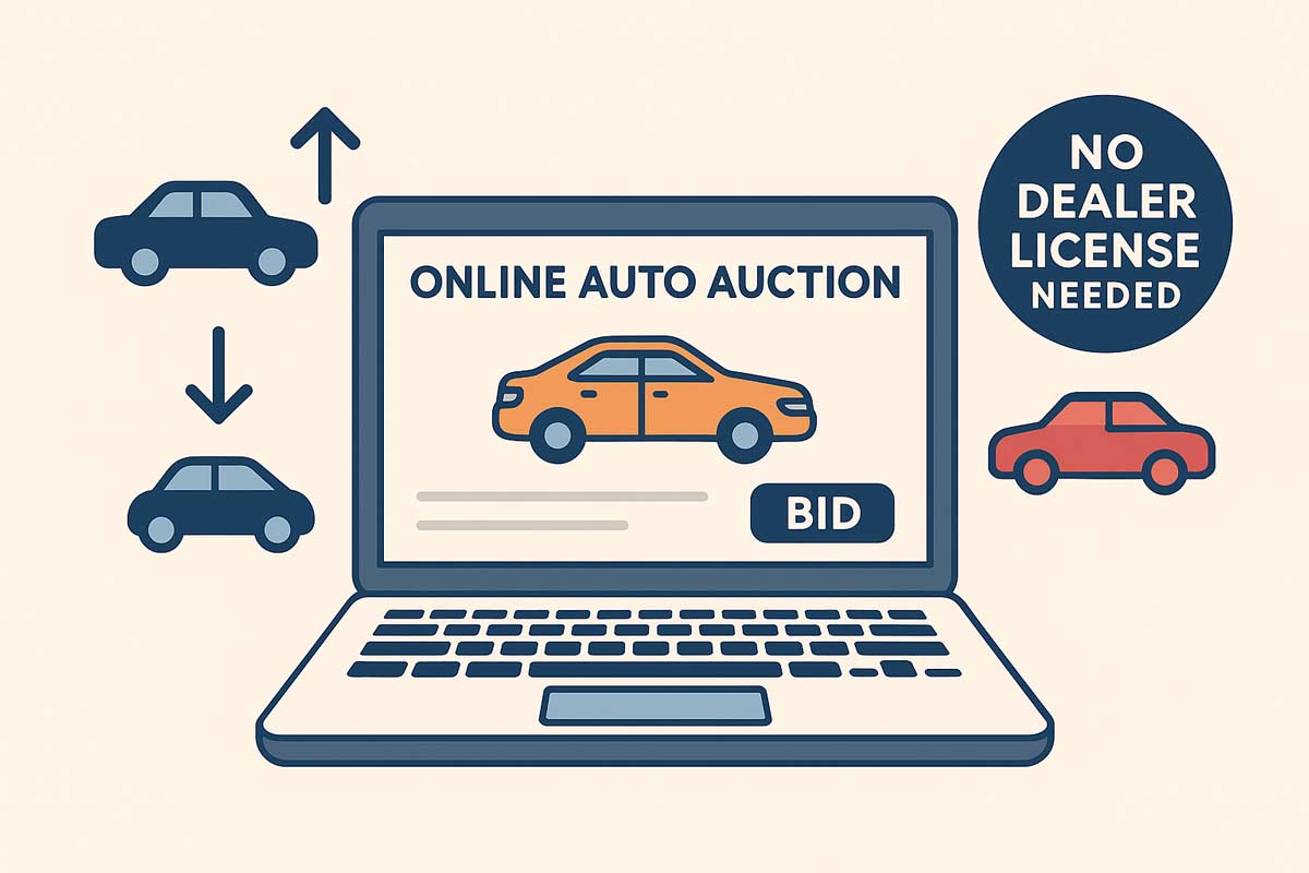Flat illustration of an online auto auction with a laptop, car icons, bidding arrows, and a badge showing no dealer license needed.