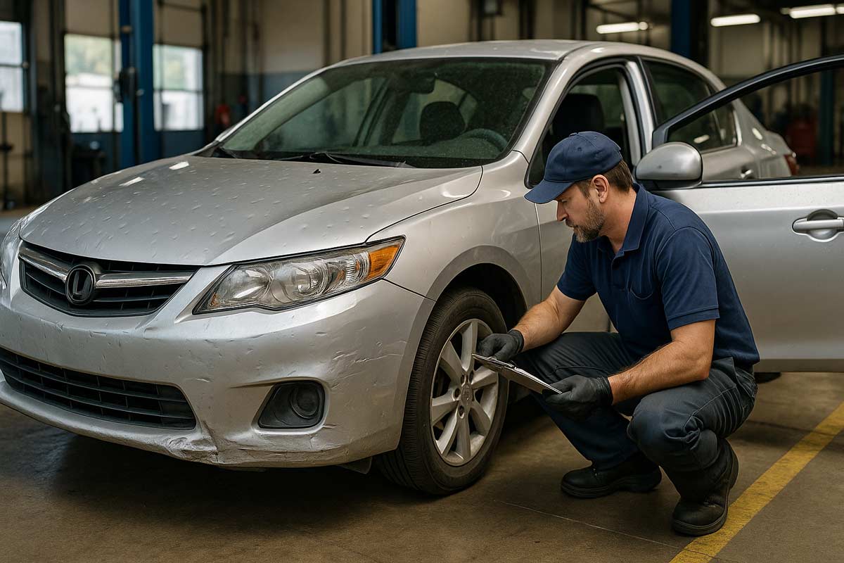 Mechanic Inspecting Used Car With Light Damage for Salvage Title Evaluation Mechanic inspecting a used car with light front-end damage, hail dents, and minor flood signs at an automotive inspection bay.