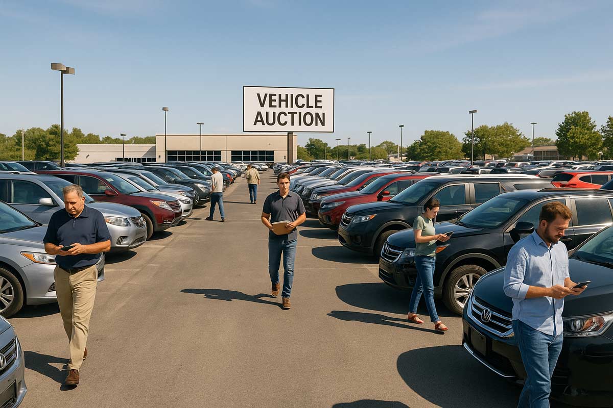 Vehicle Auction Lot With Used Cars and Buyers Inspecting Inventory