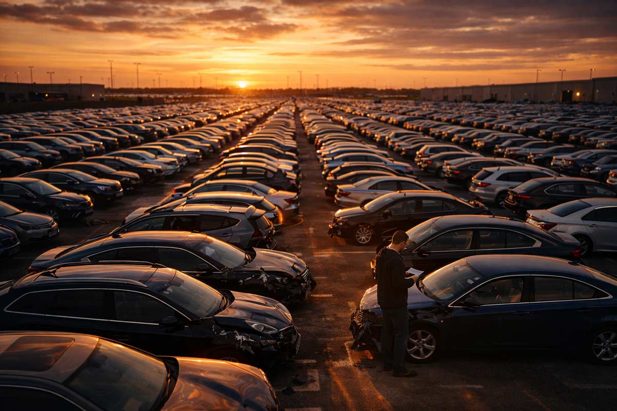 Buyer inspecting damaged salvage car at sunset in large vehicle auction yard with rows of repairable vehicles.