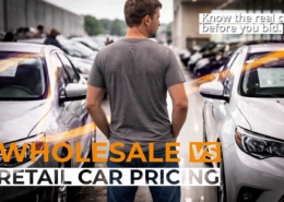 Wholesale vs Retail Pricing banner with message Know the real cost before you bid about auction car pricing differences.
