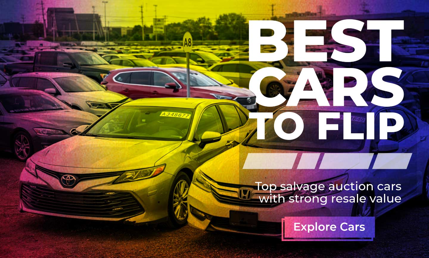 Banner reading Best Cars to Flip. Top salvage auction cars with strong resale value.