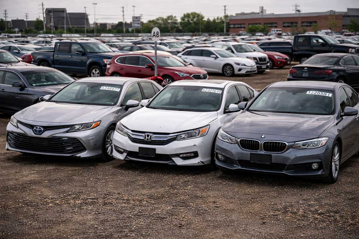 Toyota Camry, Honda Accord, and BMW 3 Series with minor damage parked in a busy salvage auction lot among SUVs and pickup trucks