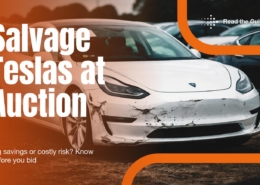 Salvage Teslas at Auction banner showing damaged Tesla at auction yard with message Big savings or costly risk Know before you bid
